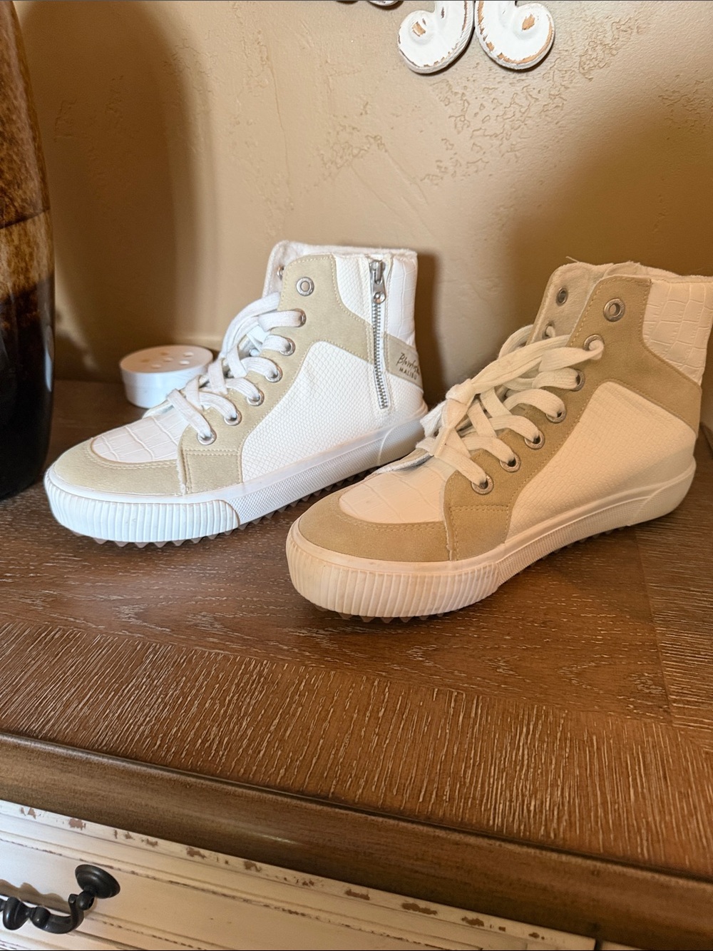 Blowfish High-Top Sneakers in White and Tan
